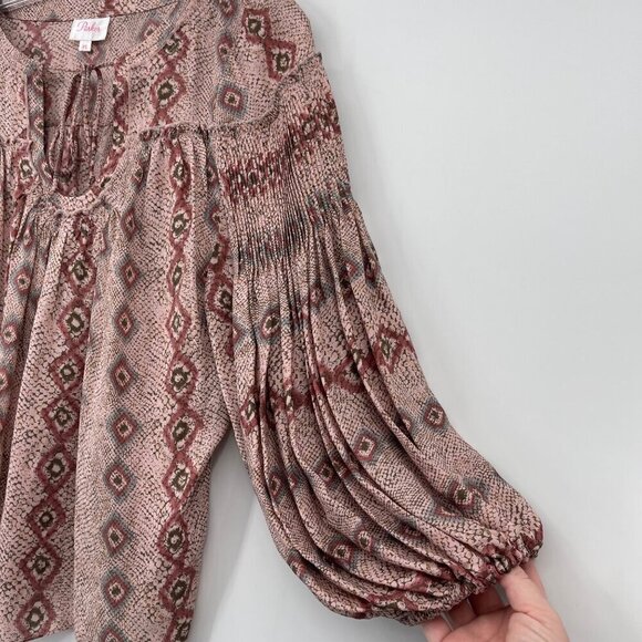 Parker 100% Silk Pleated Balloon Sleeve Peasant Blouse Women's XS Snakeskin - Picture 2 of 10